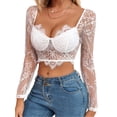 thumbnail image 3 of Seyurigaoka Women Summer Sexy Crop Tops, Long Sleeve V Neck See-through Lace Patchwork Navel Vest, 3 of 7