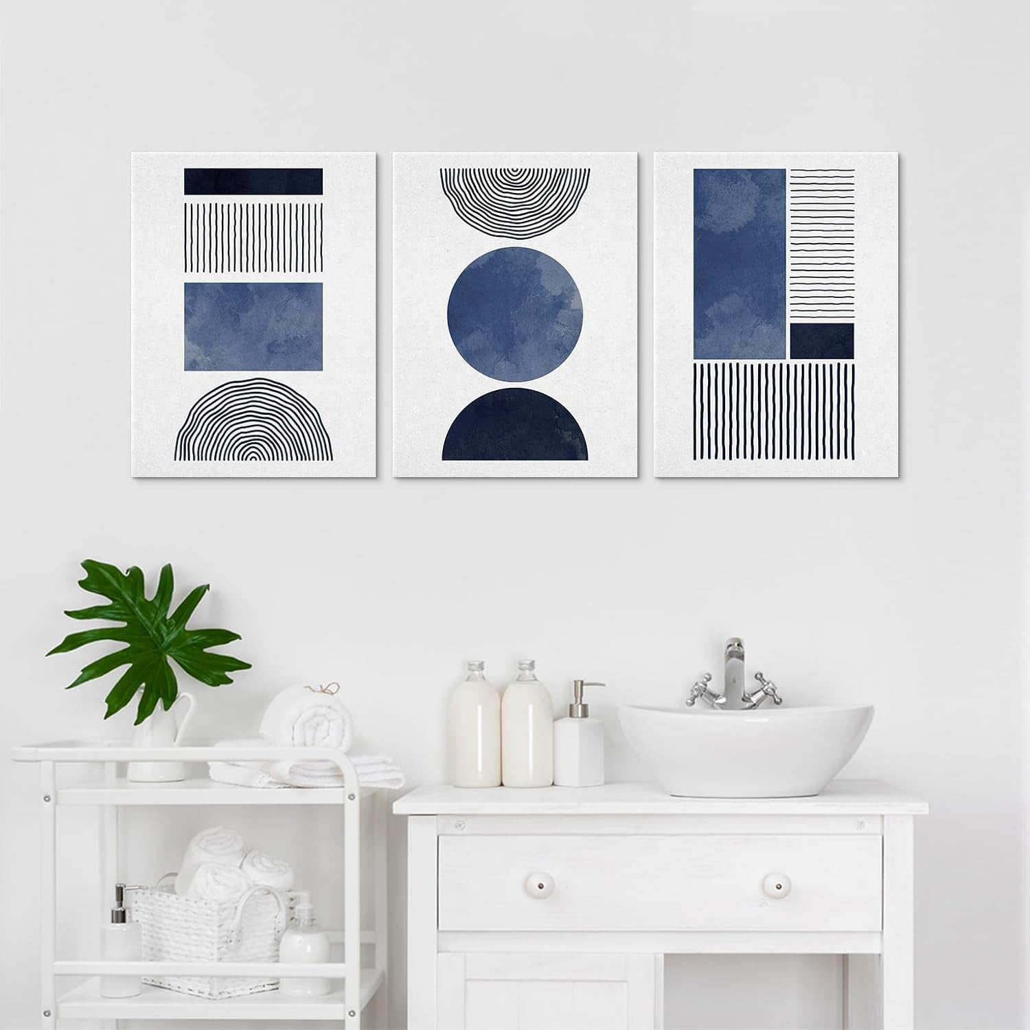 Black Blue and White Wall Art Canvas Set Mid Century Boho Pictures Modern Geometric Wall Decor Minimalist Bohemian Abstract Painting Artwork for Living Room Bedroom Office 12" x 16" x 3Pc