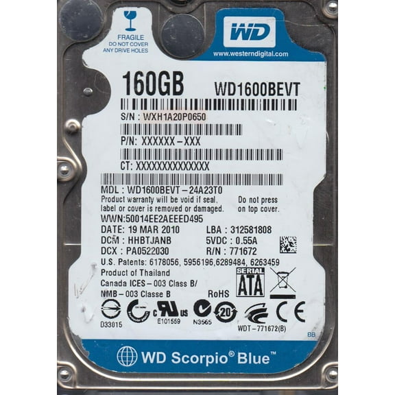 WD1600BEVT-24A23T0, DCM HHBTJANB, Western Digital 160GB SATA 2.5 Hard Drive