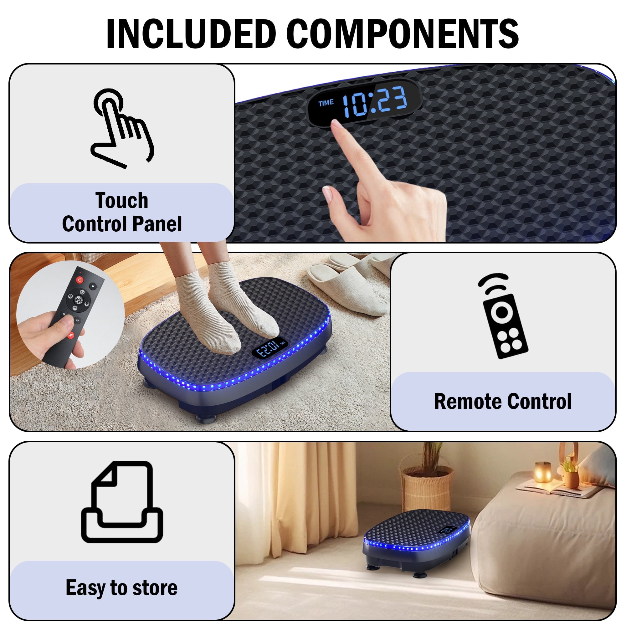 SLIMKEEPER Vibration Plate Exercise Machine for Home Fitness & Whole Body Workout, 350 Lbs Capacity, with 2 Loops, 5 Resistance Bands & Remote Control, Black mit LED Lights