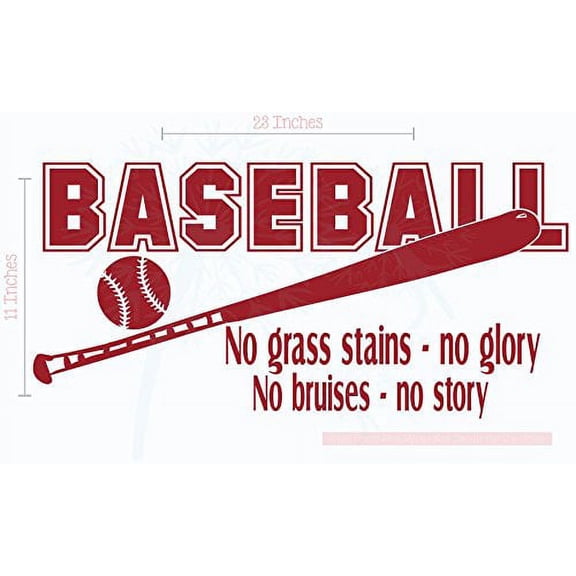 Baseball Quote No Grass Stains No Bruises Sports Wall Vinyl Decals, 23x11-Inch, Red
