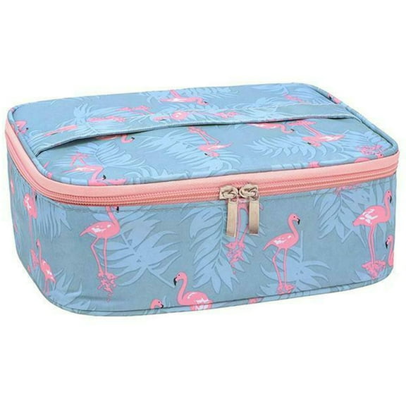 Portable Travel Makeup Cosmetic Toiletry Bag Organizer Case for Women, Blue with Pink Flamingo Design