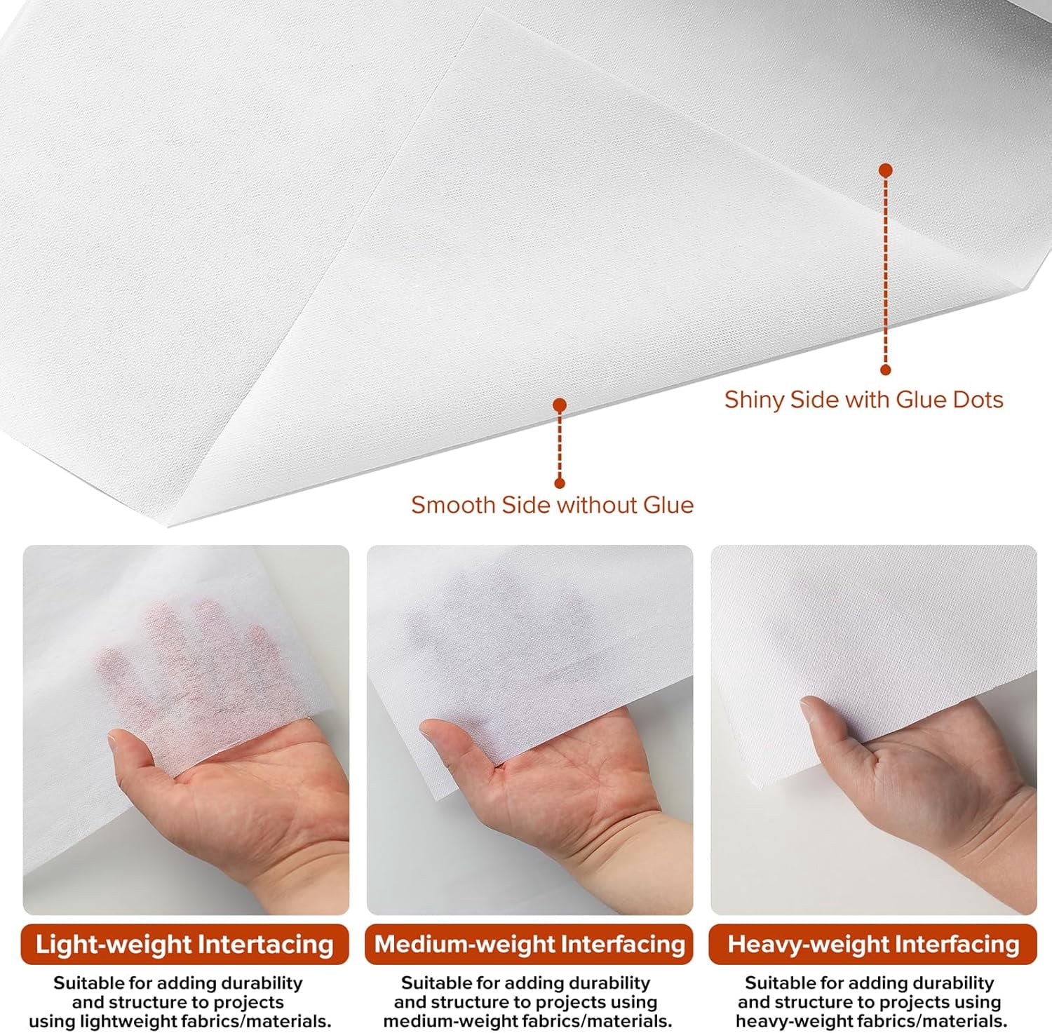 Light Weight 17in x 30yd White Iron On Non-Woven Fusible Interfacing, Single-Sided Polyester Fabric for DIY Craft Supplies, Quilting, Sewing, Shirt Plackets, Dresses, Collars, Cuffs