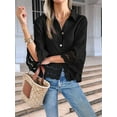 thumbnail image 3 of Womens 3/4 Bell Sleeve Button Down Shirts Casual Ruffle Hem Tops Eyelet Blouse Black XL, 3 of 6