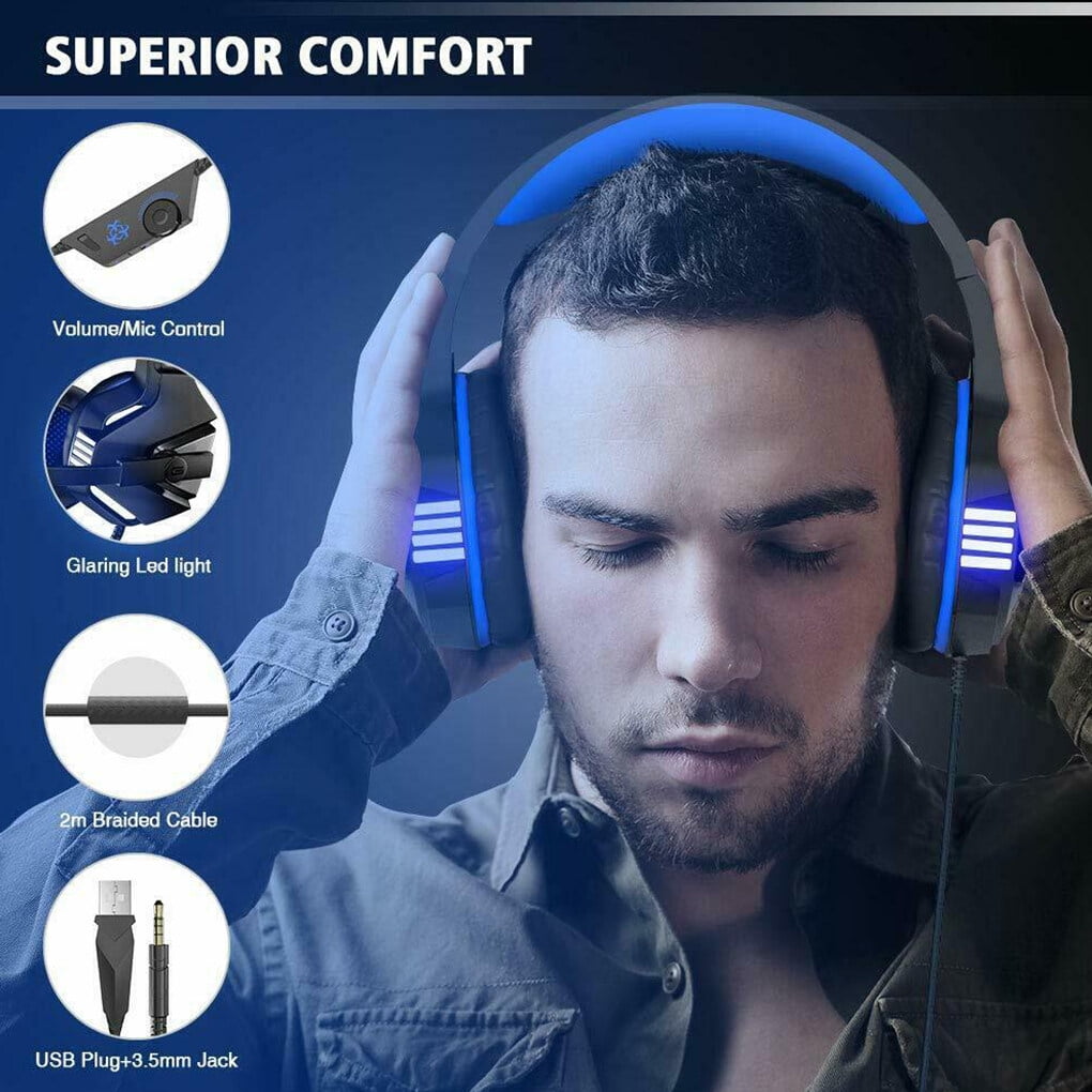 Hunterspider V3 Gaming Headset Stereo Noise Cancelling stereo gaming headphone Wired Earphone LED Gaming Microphone Headphone Black Blue