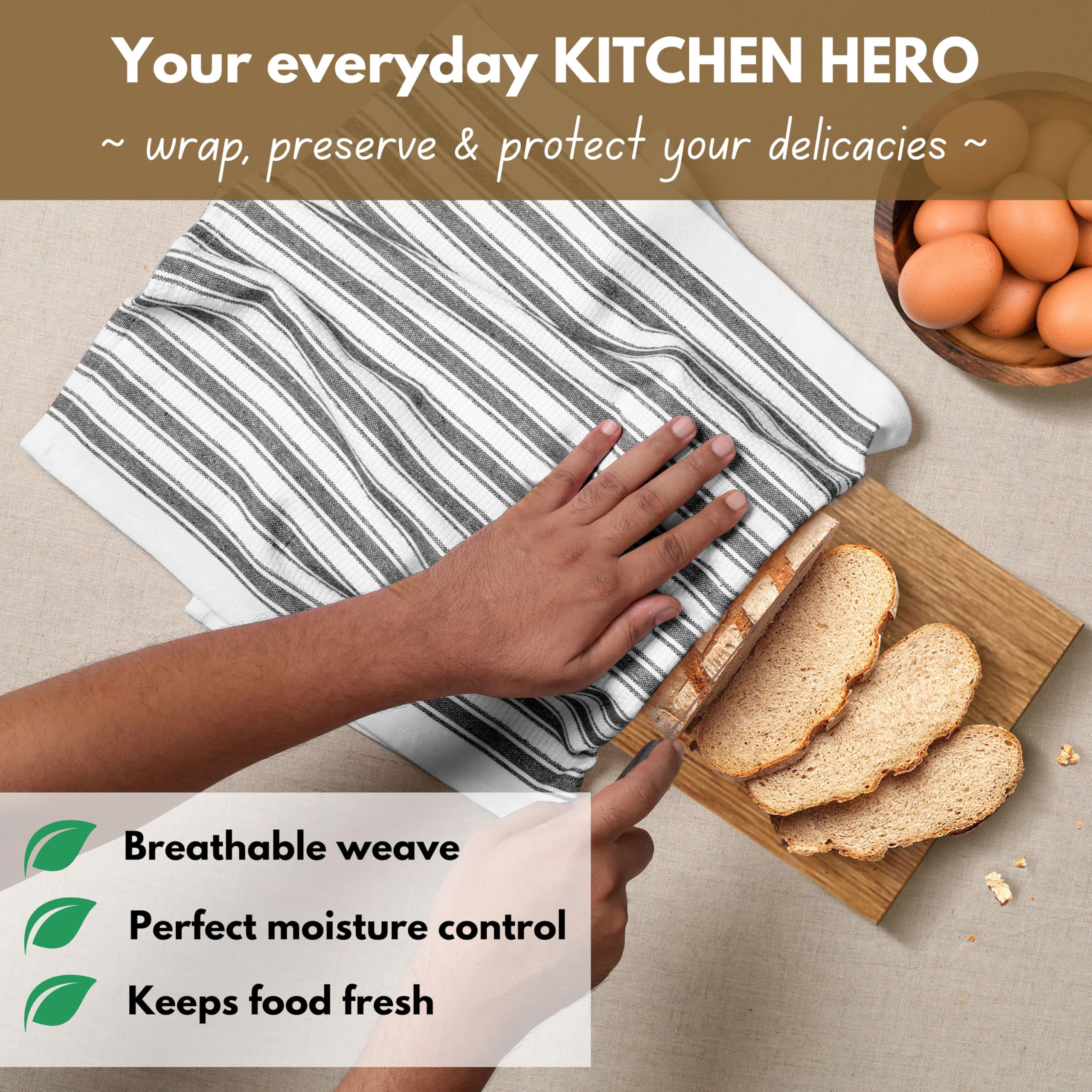Native Fab Striped Kitchen Towels Set of 4, 100% Cotton, 16x26, Quick Dry Dish Cloths, Black White