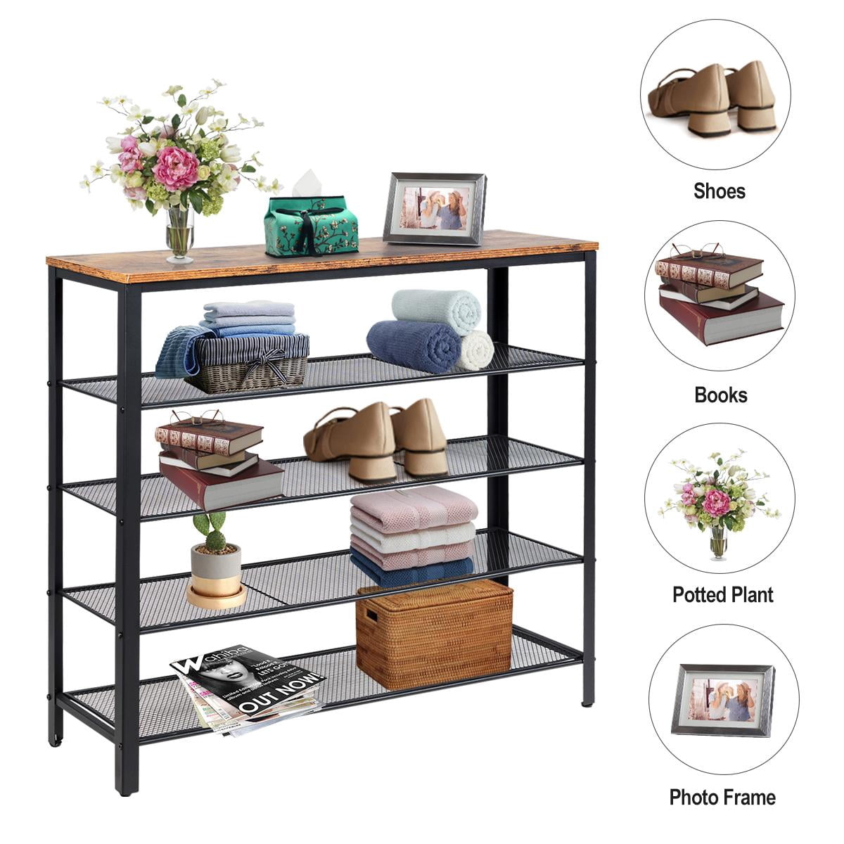 Giantex 5-Tier Shoe Rack, Industrial Metal Shoe Storage Organizer w/ 4 Metal Mesh Shelves for 16-20 Pairs, Multi-Functional Shoe Tower w/ Sturdy Frame for Entryway, Bedroom, Rustic brown