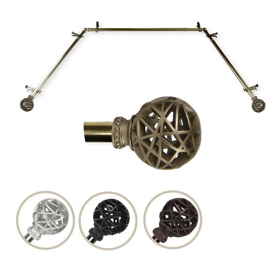 Central Design ABay-88-4 0.8125 in. Arabella Bay Window Curtain Rod with Side Rod Extends Upto 20 to 36 in. & Center Rod Extends Upto 38 to 72 in., Antique Brass