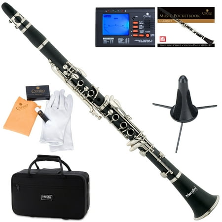 Mendini by Cecilio MCT-E Black Ebonite Bb Clarinet w/1 Year Warranty, Stand, Tuner, 10 Reeds, Pocketbook, Mouthpiece, Case, B