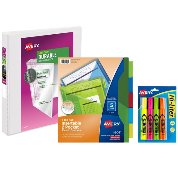 Avery 1" Ring Binder, 5 Tab Dividers, Highlighters, Set (01681)