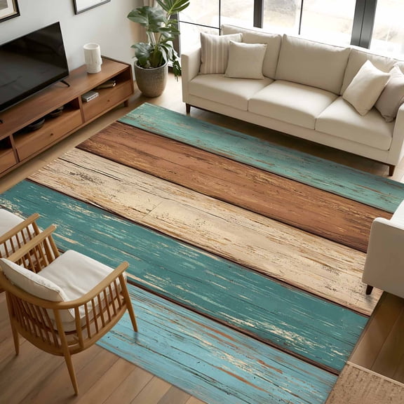 8x10 Area Rugs Farmhouse Teal Brown Non-Skid Rubber Backing Large Rectangle Rugs - Living Room Bedroom Home Office, Vintage Retro Wooden Indoor Floor Mat Carpets Washable Rug