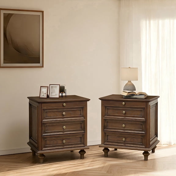 Set of 2 Farmhouse Nightstands , Wooden Bedside Tables , Storage End Tables with Solid Wood Legs and Metal Handles, Walnut Brown