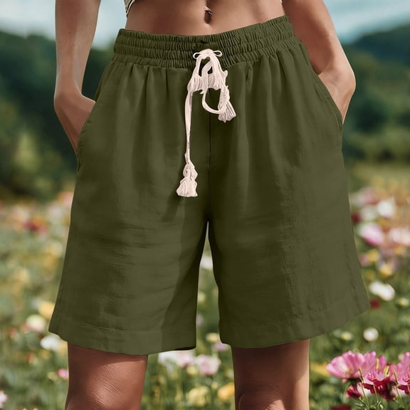 Ahabrexf Womens Casual Shorts, Lightweight Linen-Blend Elastic Waist Pocket Shorts for Warm Weather Comfort