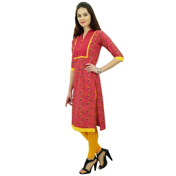 Phagun Women's Printed Cotton Tunic 3/4 Sleeve Pink Straight Indian Kurti - 8