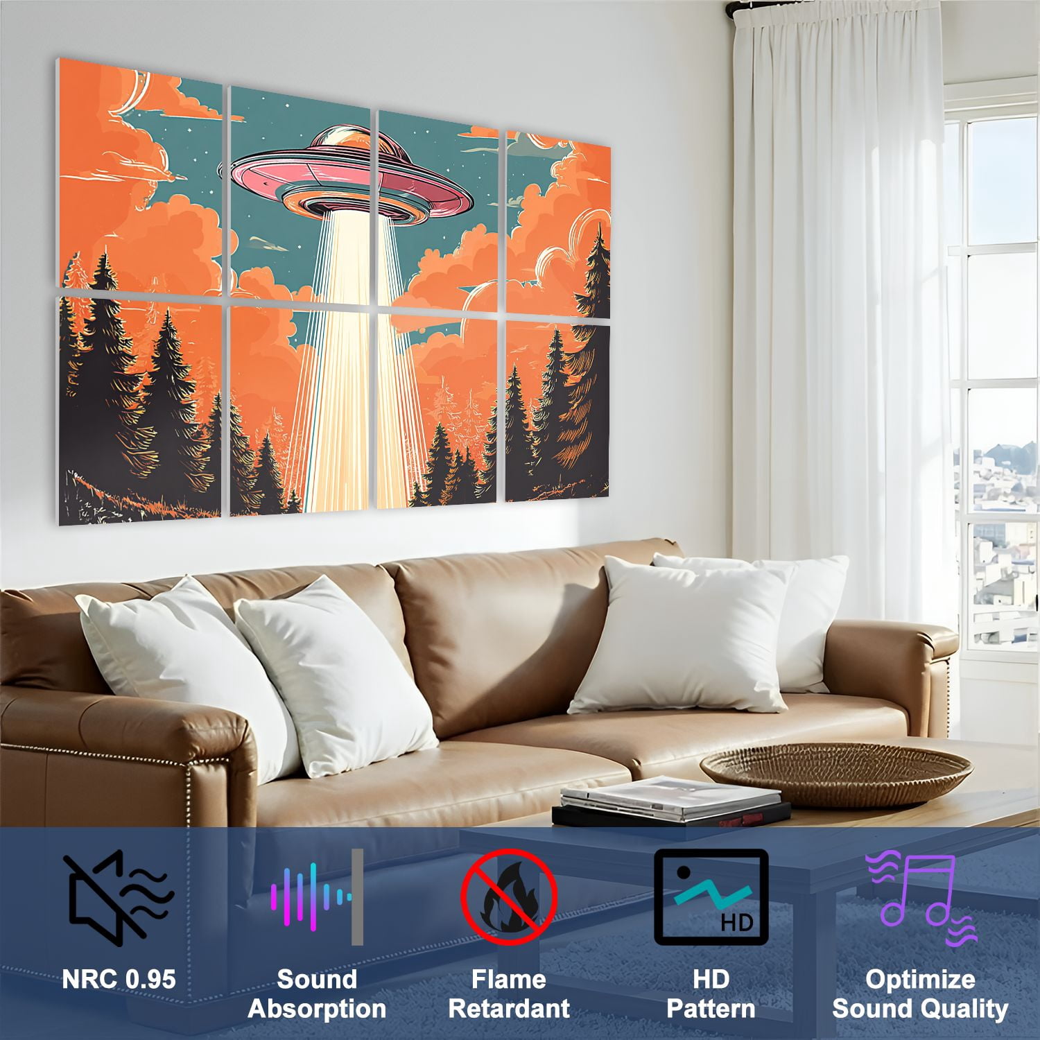 8 Pack Art Acoustic Panels UFO Beam Forest Sunset Retro Art Style Self Adhesive Sound Absorbing Panels for Home Office Studio Media Room 48"x32"