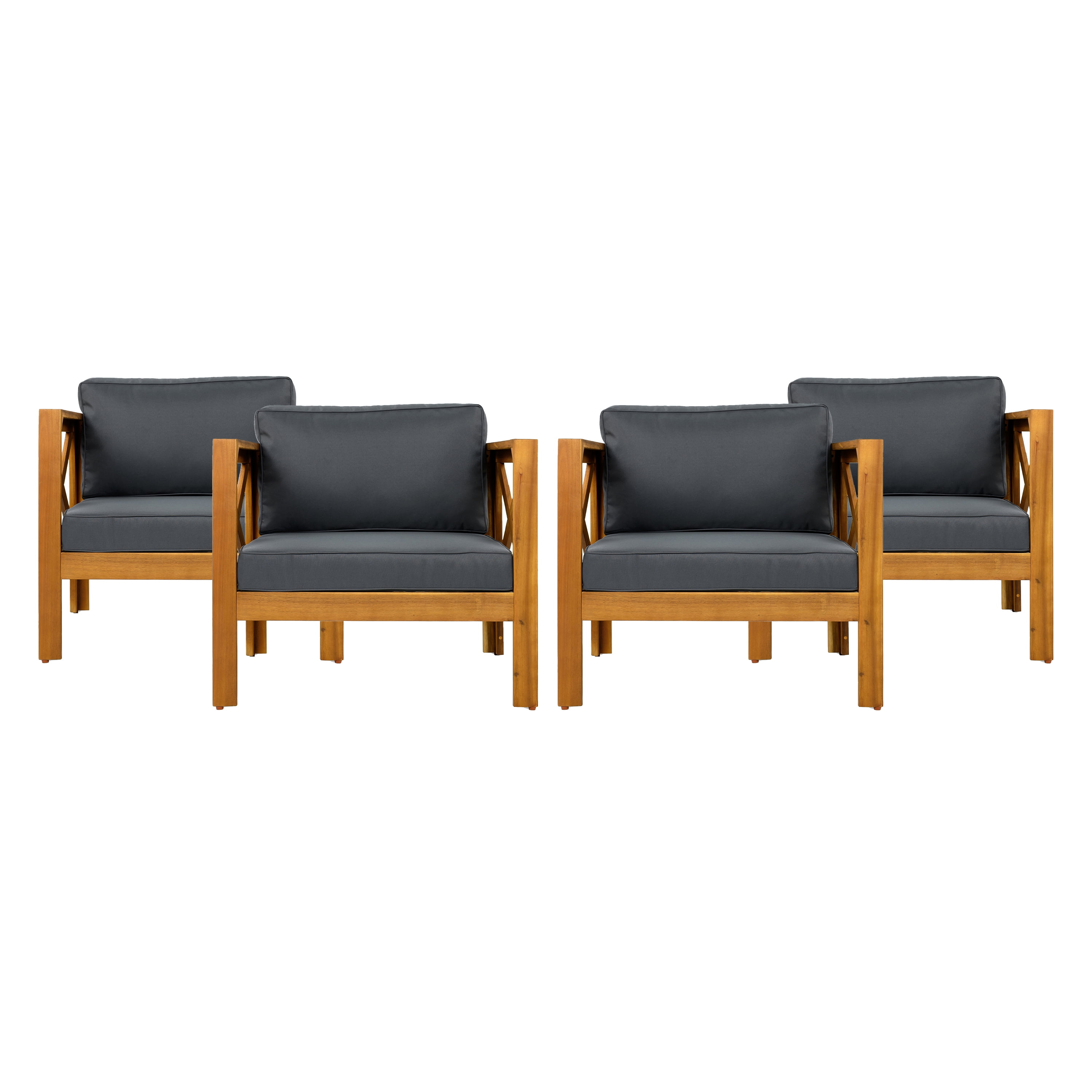 Wooden Armchair Set of 2, Outdoor Acacia Wood Club Chair with Cushions for Patio Garden, Teak and Dark Grey
