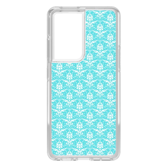 DistinctInk Clear Shockproof Hybrid Case for Galaxy S21 ULTRA 5G (6.8" Screen) - TPU Bumper, Acrylic Back, Tempered Glass Screen Protector - Baby Blue White Damask - Floral Damask