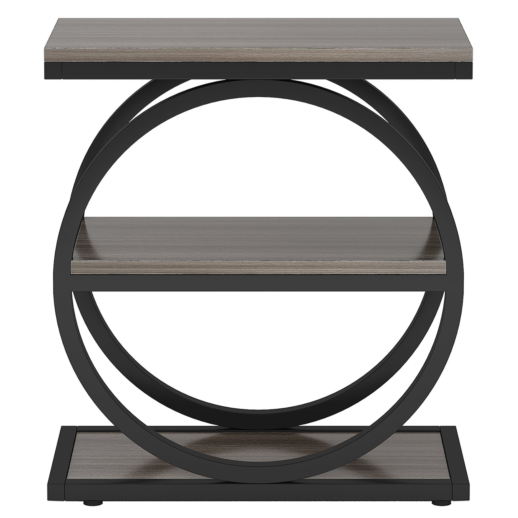 Fnova Side Table with Circular Metal Frame, End Table with 3-Tier Shelves for Living Room, Gray