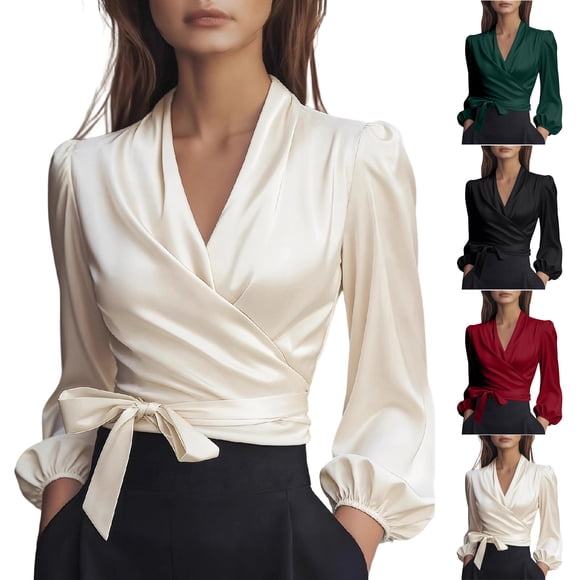 Wiyuqeen Women's Elegant Satin Long Sleeve Shirts Wrap V Neck Business Tie Belt Shirts Solid Casual Blouse Tops Cropped Tee Shirts
