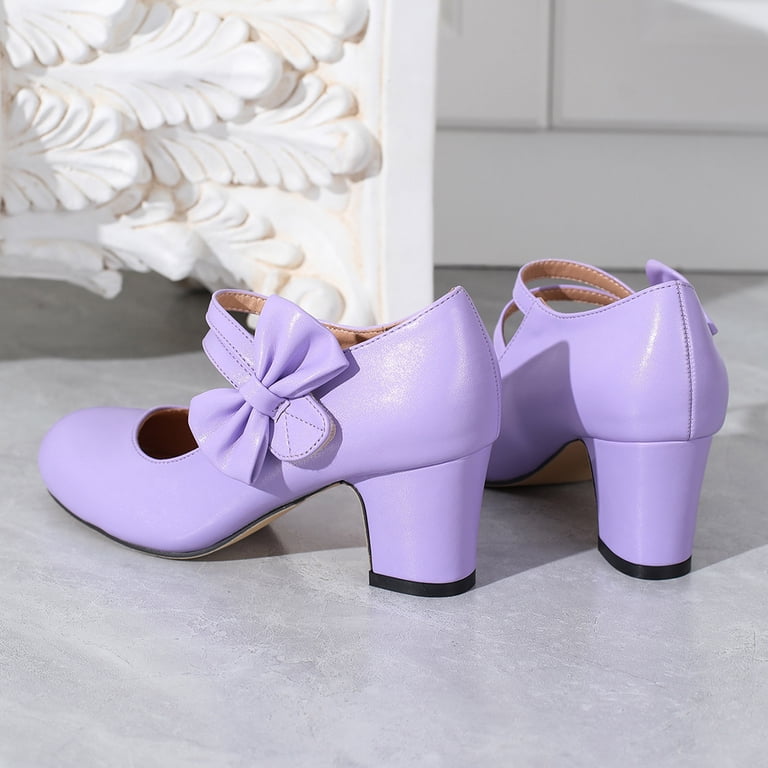 Modisza Mary Jane Block Heels for Women Cute Bow Ankle Strap Leather Pumps Ladies Slip on Party Dress Sandals Wedding Shoes Size 7 Purple