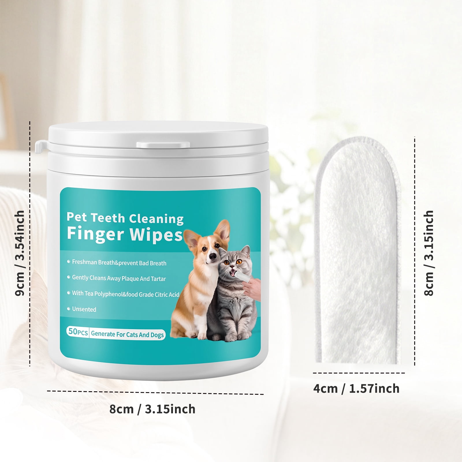 100PCS Pet Teeth Cleaning Finger Wipes for Dogs & Cats, Daily Oral Care Dental Wipes Helps Reduce Plaque Tartar & Freshens Breath, Dog Toothbrush Alternative for Puppies, Kittens & All Breeds, 2 Box