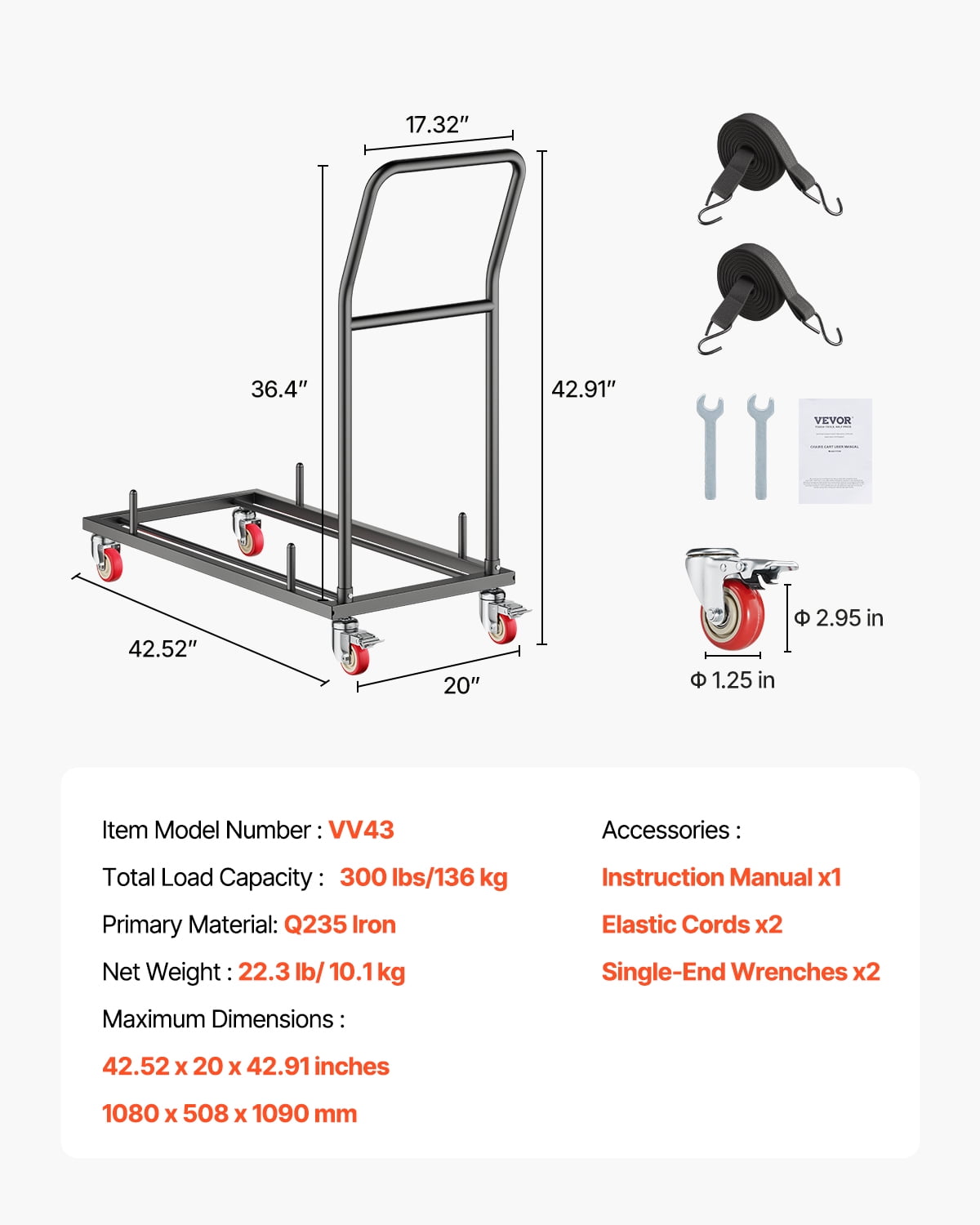 VEVOR Folding Chair Rack, 300 LBS Capacity, L-shape Horizontal Placement Chair Cart for 25 Chairs, Heavy-duty Metal Chair Storage Dolly with Rubber Wheels and Holders,Large Chair Holder,Matte Black