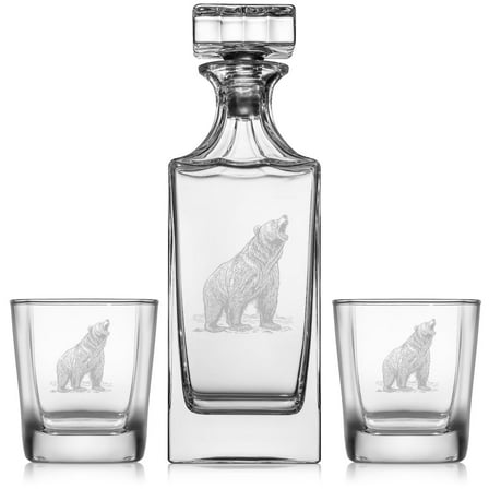 Whiskey Decanter Gift Set With 2 Whiskey Old Fashioned Rocks Glasses Bear Growling