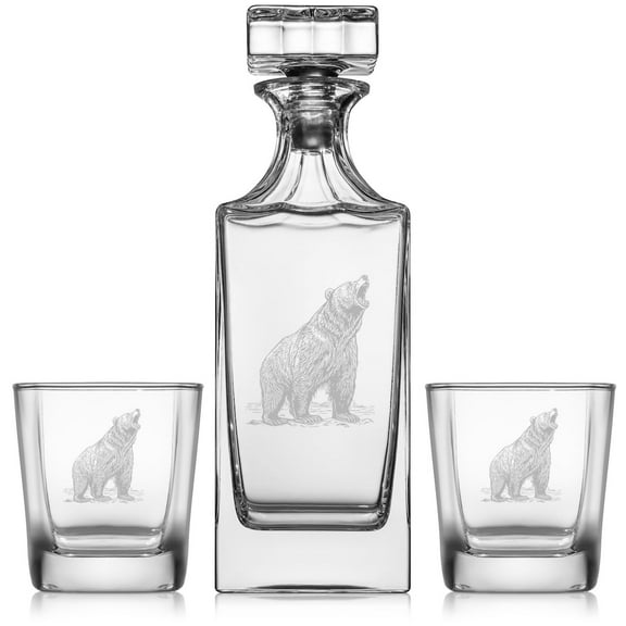 Whiskey Decanter Gift Set With 2 Whiskey Old Fashioned Rocks Glasses Bear Growling