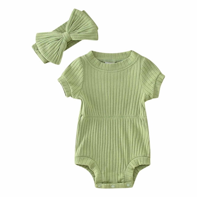 Gibobby Mameluco niña de manga corta para niños y niñas, mono acanalado de Color sólido para recién nacidos con diademas para niños, ropa(Verde, 3-6 Meses)