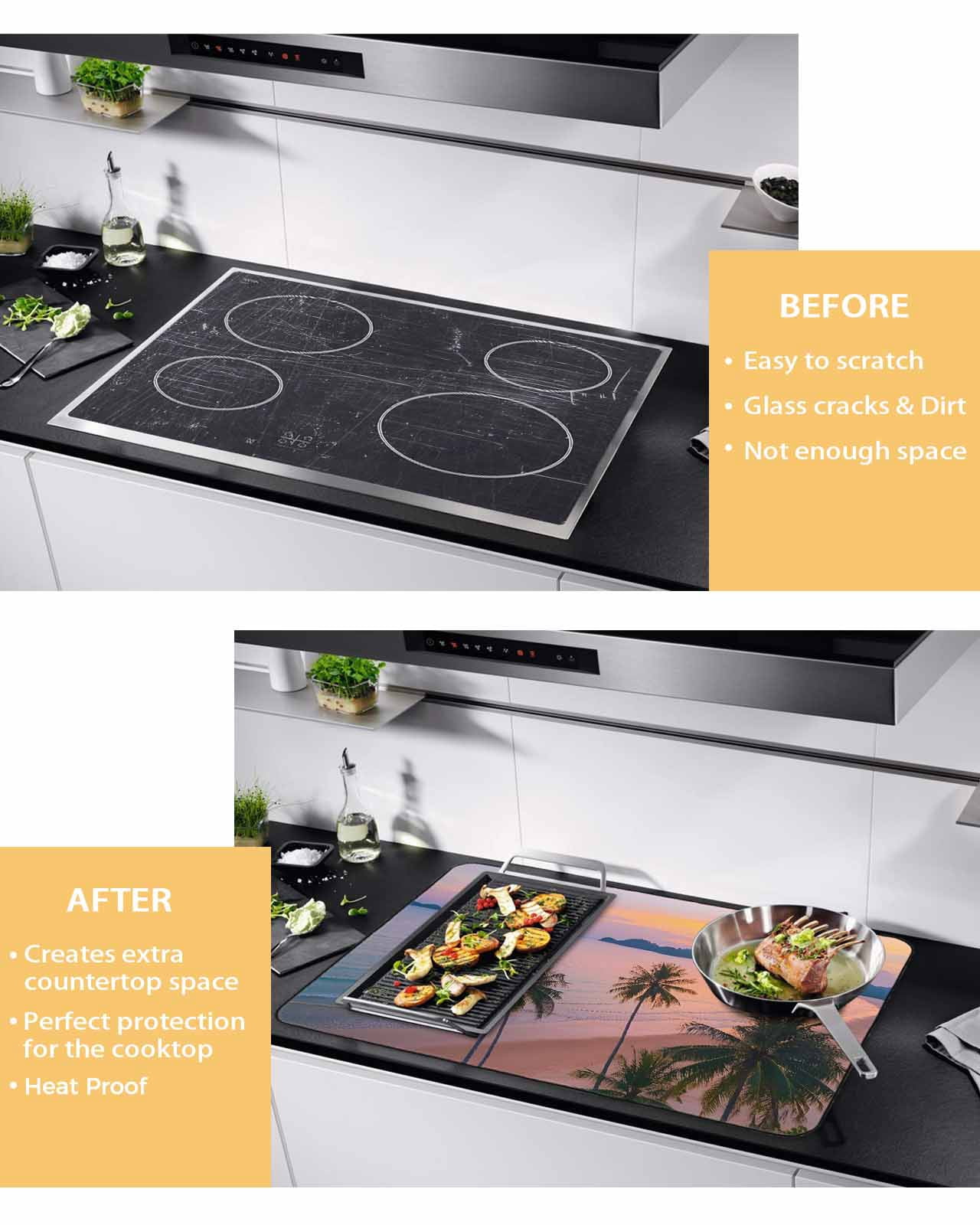 nqOlkjepod Large Induction Cooktop Protector Mat 36"x21", Beach Stove Top Covers for Electric Stove, Palm Tree Ocean Sunset Nature Sky Cloud Scenery Stove Burner Cover Mats, Glass Top Stove Cover