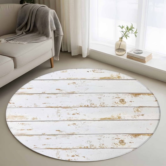 Small Round Rug 3Ft Washable Non-Slip, White Wooden Plank Circle Area Rugs for Living Room Bedroom, Country Vintage Farmhouse Wood Grain Indoor Floor Mats Carpet Runner for Home Decor