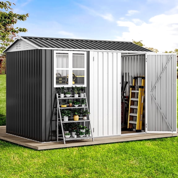 Dextrus 8x6ft Heavy-Duty Outdoor Storage Shed with Windows & Secure Lockable Doors and Sloped Roof Large Dark Gray Steel Shed for Patio, Garage, Lawn