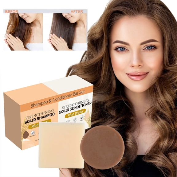2PCs Rice Water Bar Shampoo and Conditioner Set,Strengthen & Volumize All Hair Types,Handcrafted Travel Solid Shampoo and Conditioner for Thinning Hair,Hair Care for All Hair Types