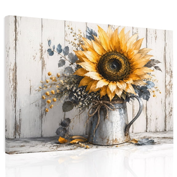 Farmhouse Sunflower Canvas Print Wall Art Country Vintage Pastoral Yellow Floral Blue Leaf Wall Decor Modern Artwork Paintings Pictures for Living Room Stretched Ready to Hang - 12" x 16"
