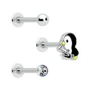 Body Candy 16G Womens 316L Steel 3Pc Clear Accent Penguin Labret Monroe Lip Ring Cartilage Tragus 5/16"