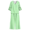 thumbnail image 7 of Mifsaly 2 Piece Lounge Set Women Casual V Neck Tops and Flowy Wide Leg Palazzo Pants Comfortable Outdoor Casual Vacation Matching Outfits with Pockets Green,S, 7 of 7