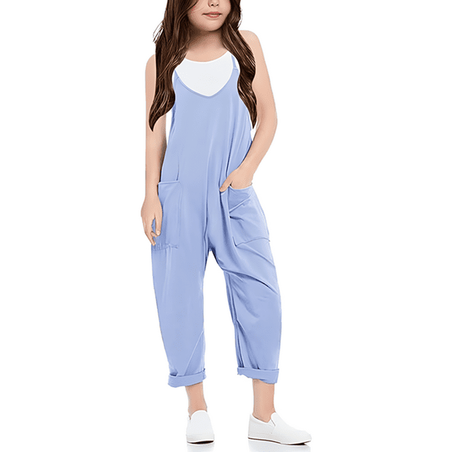 Girls Romper Sleeveless Summer Rompers for Girls Spaghetti Strap Overalls with Side Pockets Clothes for Girls 4-5 Y