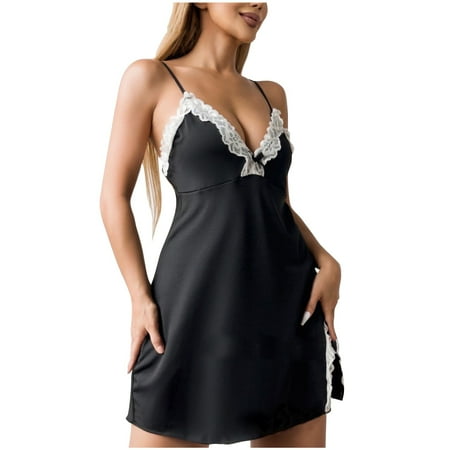 Women Negligee Lace Trim Chemise Sexy Nightdress V Neck Nighties Soft Nightgown Color Block Babydoll Side Split Nighty Sling Slips Bow Camisole Erotic Lingerie