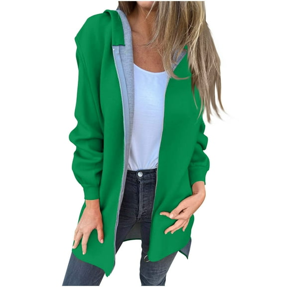 TKLPEHG Fall Fashion 2025 Women's Zip Up Hooded Jacket Oversized Fleece Jackets Long Sleeve Mid Length Sweatshirts Casual Lightweight Winter Coat (Green,XXXL)