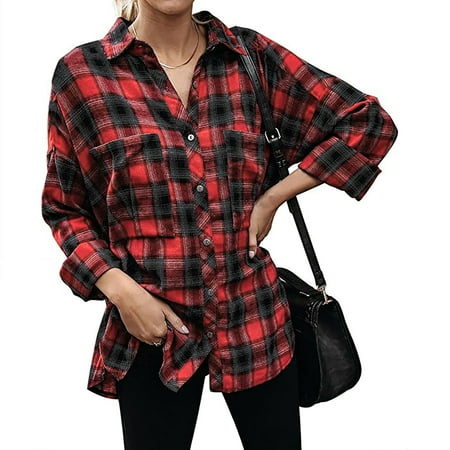 

Tawop Fall Coats For Women Casual Fashion Plaid Color Matching Pocket Button Looseshirt Jean Jacket Women Scrub Jackets For Women