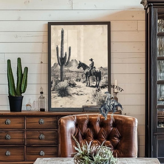 Cowboy And Cactus Sketch Art Print, Western Home Decor Home Decor #3086, Unframed Poster Size 8x12