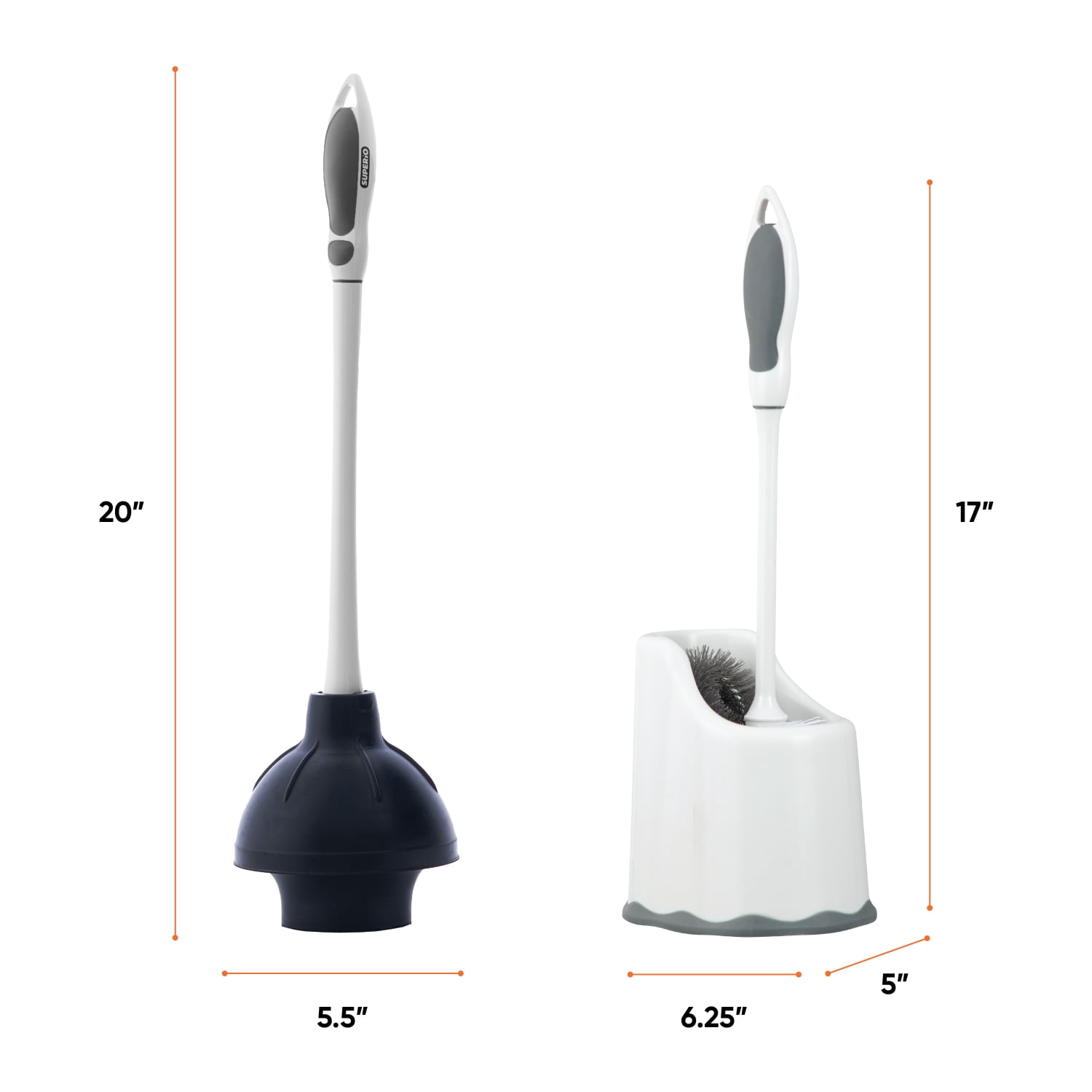 Superio Sink & Toilet Plunger + Toilet Bowl Brush and Holder Set - Dual-Purpose Drain Plunger with Mold-Resistant Rubber Head & Ergonomic Grip