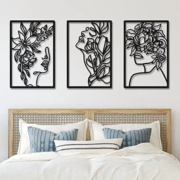 3 Pieces Metal Minimalist Abstract Woman Wall Art Line Drawing Wall Art Decor Single Line Female Home Hanging for Kitchen Bathroom Living Room