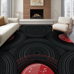 ODIKA 6'x9' Washable Area Rug Record Retro Grooves Concentric Music Motif Vintage Disc Cd Vinyl Playful for Queen Size Bedroom, Under Bed, Master Suite, Easy Care, Non-Shedding