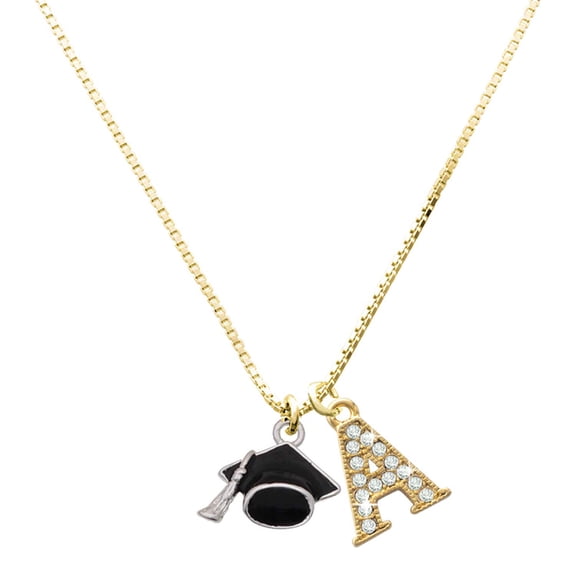 Delight Jewelry Silver-tone 3-D Graduation Hat - Large Goldtone Crystal Initial - A - Charm Necklace, 17.5" 2"