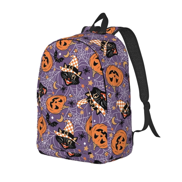 Disketp Vintage Halloween Black Cat print Canvas Backpack Lightweight Travel Daypack Student Rucksack Laptop Backpack-