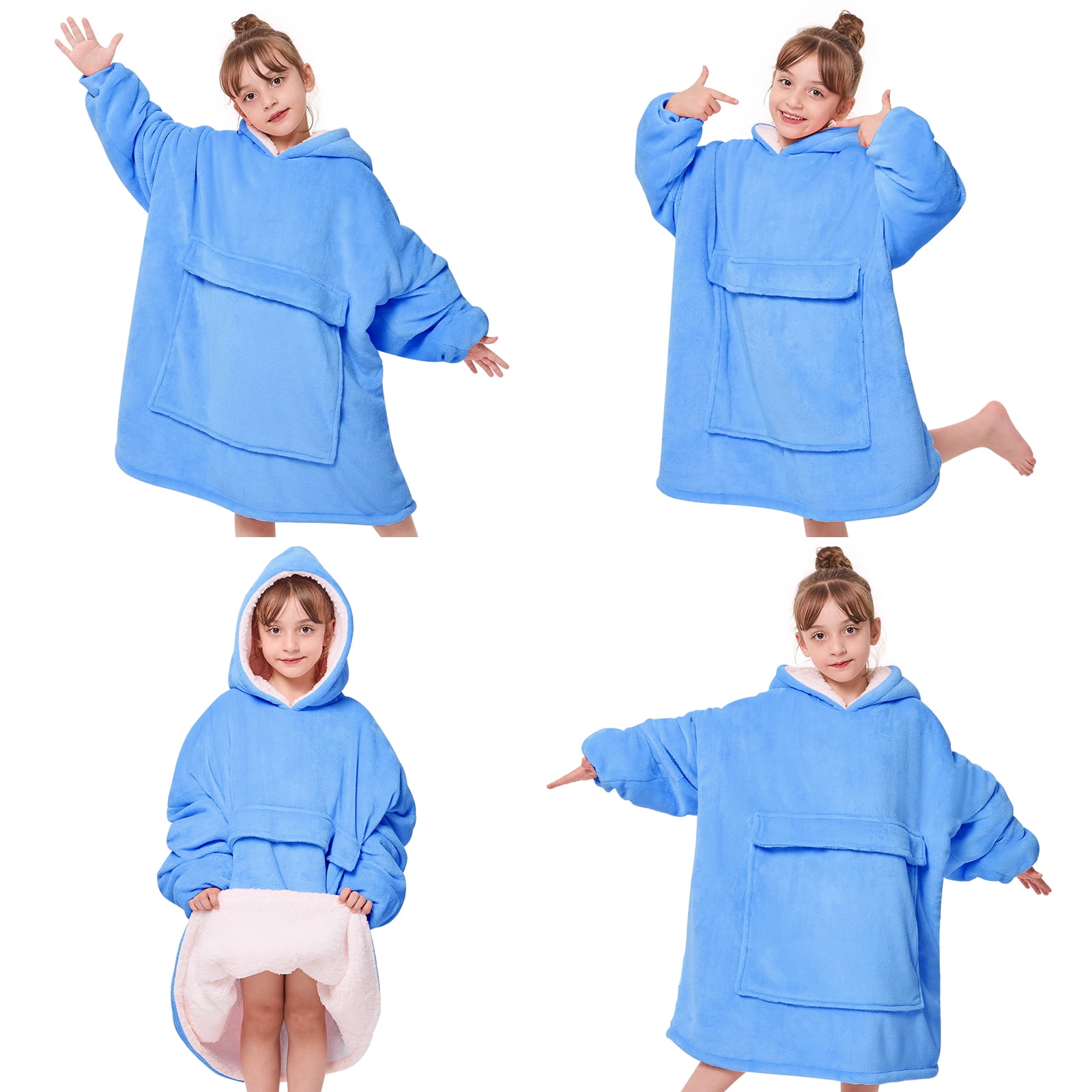 PMONPA Wearable Blanket Hoodie for Kids, Soft Double Layer Sherpa Fleece Sweatshirt,Teen Gifts for Kids, Youth, Boys, Girls, One Size, Sky Blue