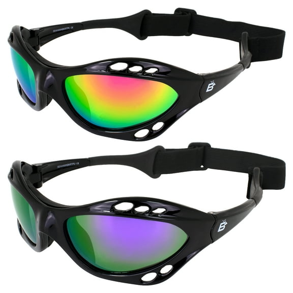 Birdz Eyewear Seahawk Padded Polarized Sunglasses 2 Pairs w/Strap Water Sports Surfing Kayaking Jetski Black w/Pink & Purple Mirror Lenses