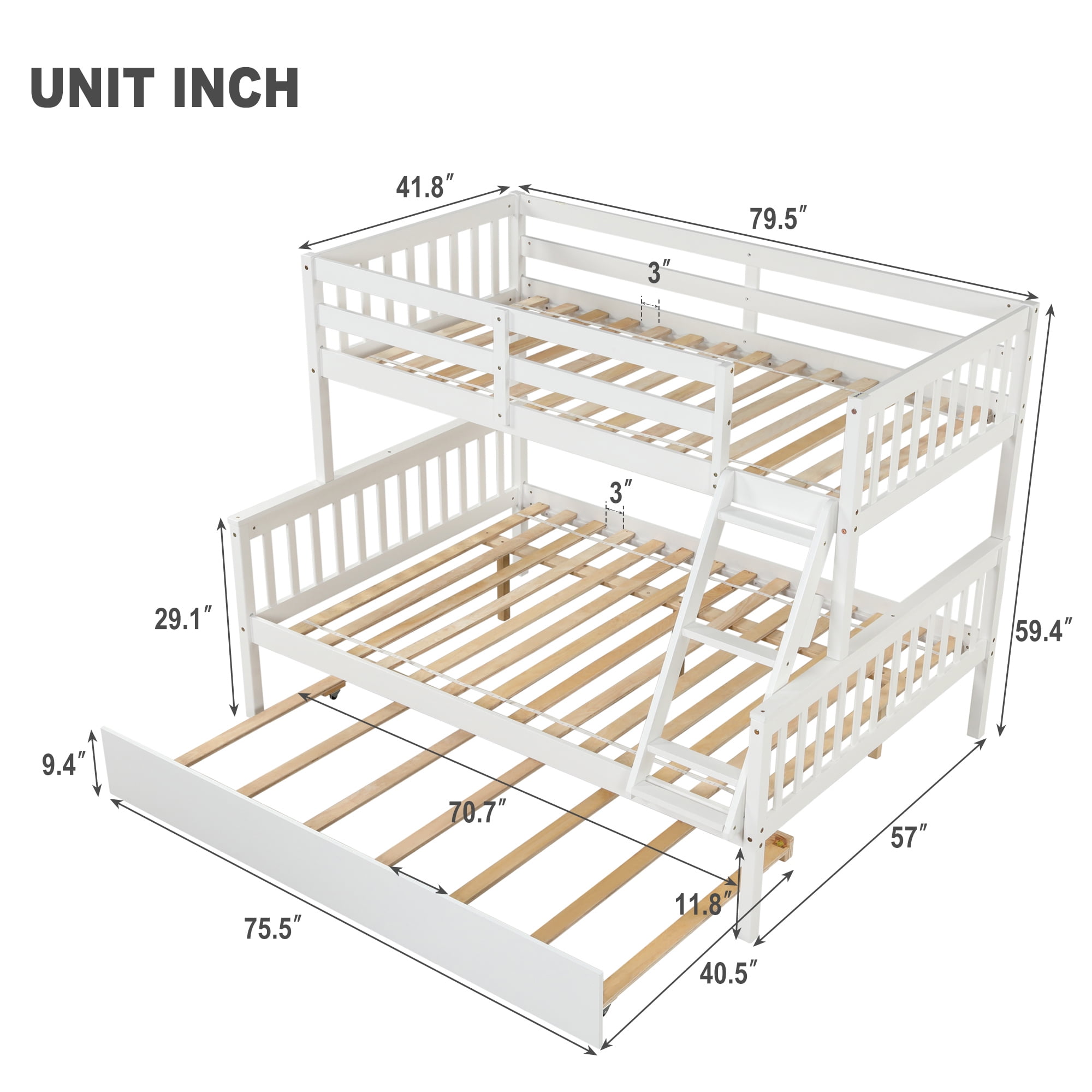 Resenkos Twin Over Full Bunk Bed with Trundle, Convertible into 2 Beds, the Bunk Bed with Ladder and Safety Rails,White Resenkos Twin Over Full Bunk Bed with Trundle, Convertible into 2 Beds, the Bunk Bed with Ladder and Safety Rails,White