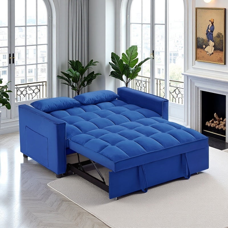 Gewnee 54" Velvet Upholstered Pull Out Sleeper Loveseat for Home,Office,Guest Room.Blue